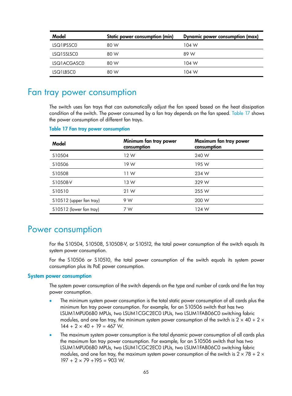 Fan tray power consumption, Power consumption, System power consumption | H3C Technologies H3C S10500 Series Switches User Manual | Page 75 / 140