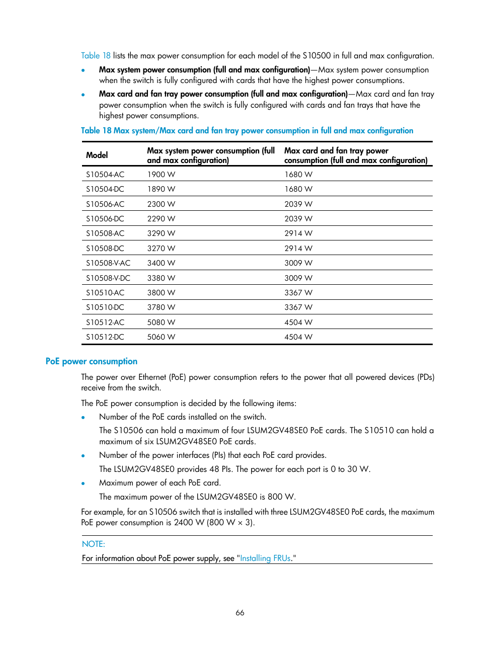 Poe power consumption | H3C Technologies H3C S10500 Series Switches User Manual | Page 76 / 140