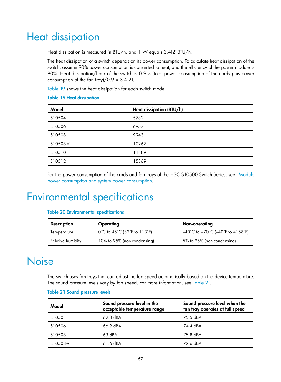 Heat dissipation, Environmental specifications, Noise | H3C Technologies H3C S10500 Series Switches User Manual | Page 77 / 140