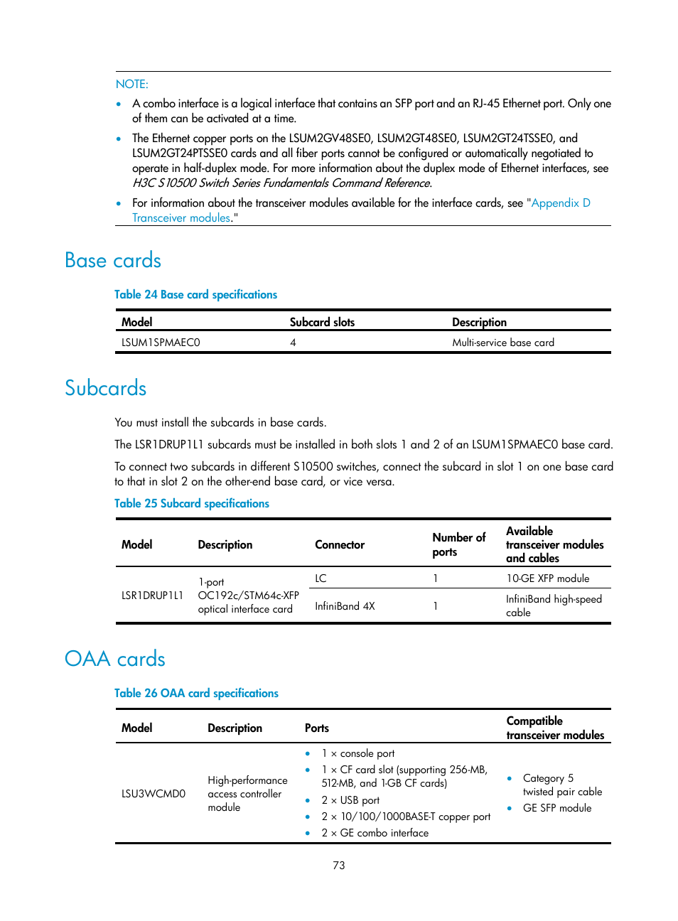 Base cards, Subcards, Oaa cards | H3C Technologies H3C S10500 Series Switches User Manual | Page 83 / 140