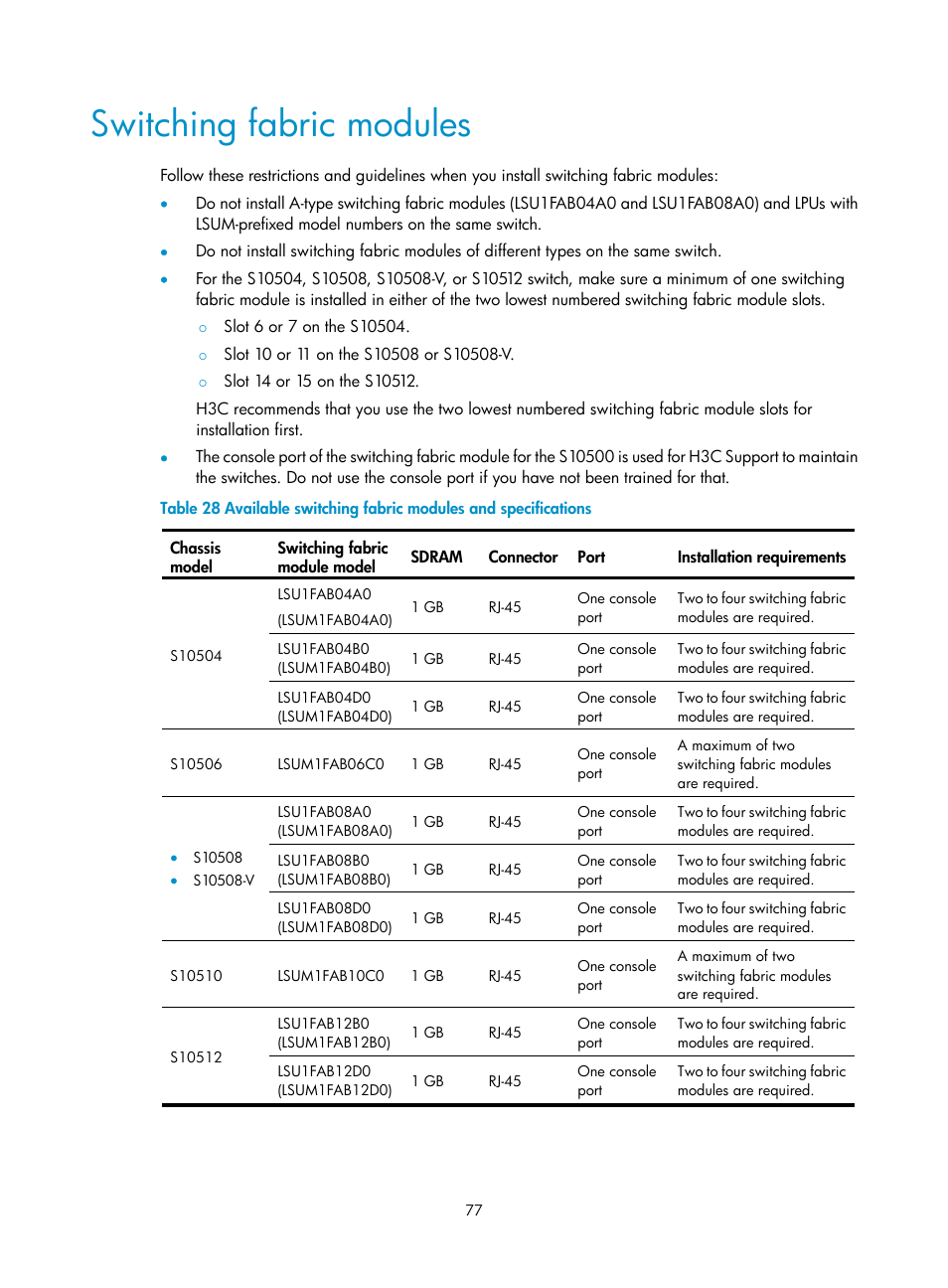 Switching fabric modules | H3C Technologies H3C S10500 Series Switches User Manual | Page 87 / 140