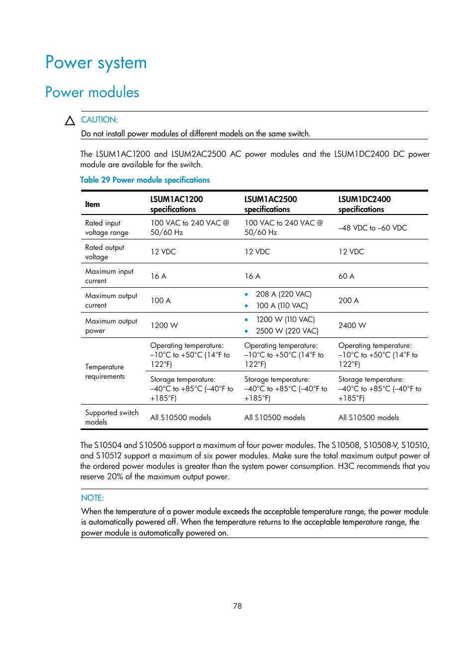 Power system, Power modules | H3C Technologies H3C S10500 Series Switches User Manual | Page 88 / 140
