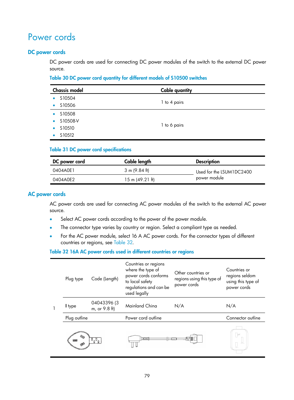 Power cords, Dc power cords, Ac power cords | H3C Technologies H3C S10500 Series Switches User Manual | Page 89 / 140