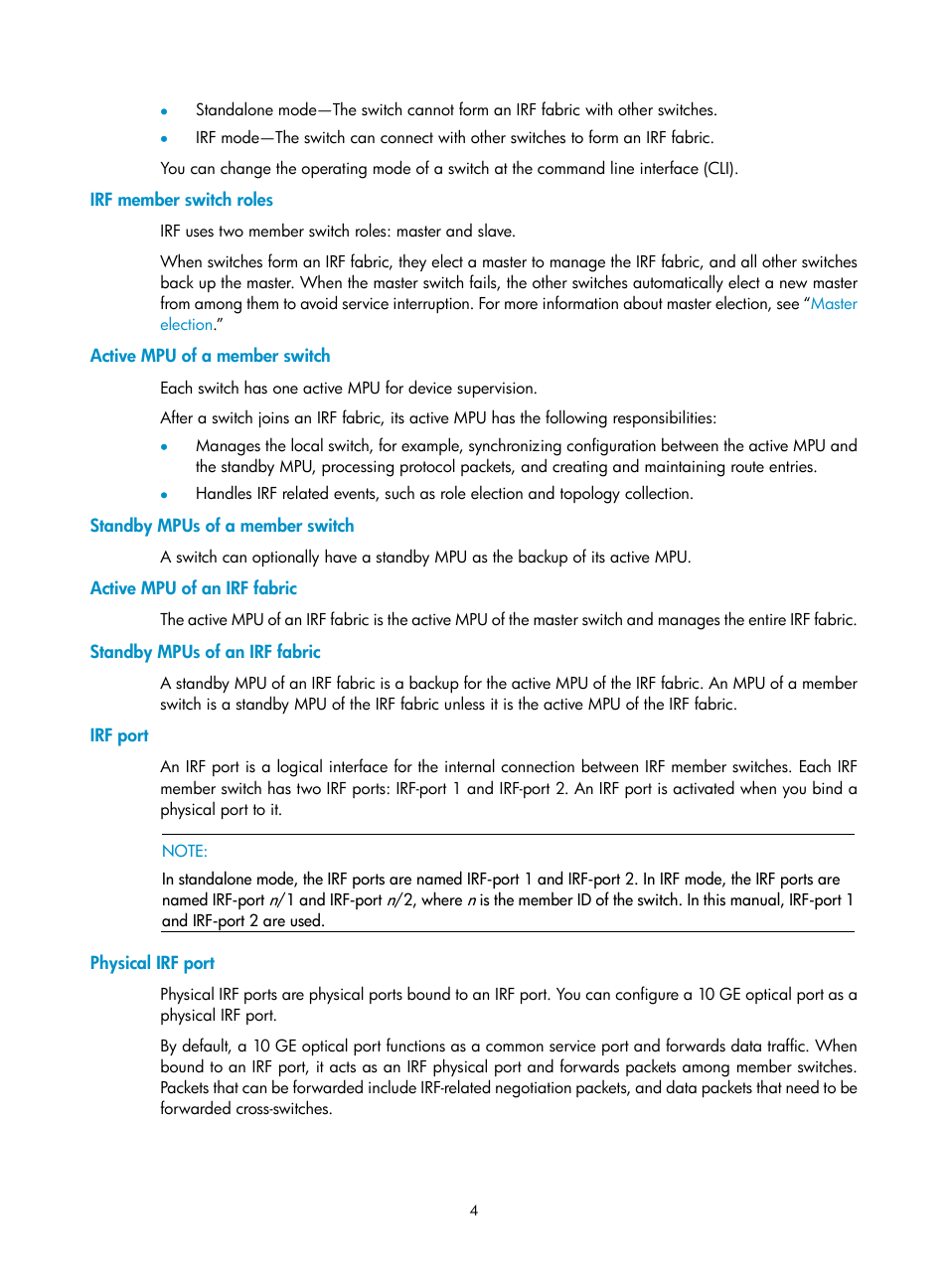 Irf member switch roles, Active mpu of a member switch, Standby mpus of a member switch | Active mpu of an irf fabric, Standby mpus of an irf fabric, Irf port, Physical irf port | H3C Technologies H3C S10500 Series Switches User Manual | Page 10 / 58