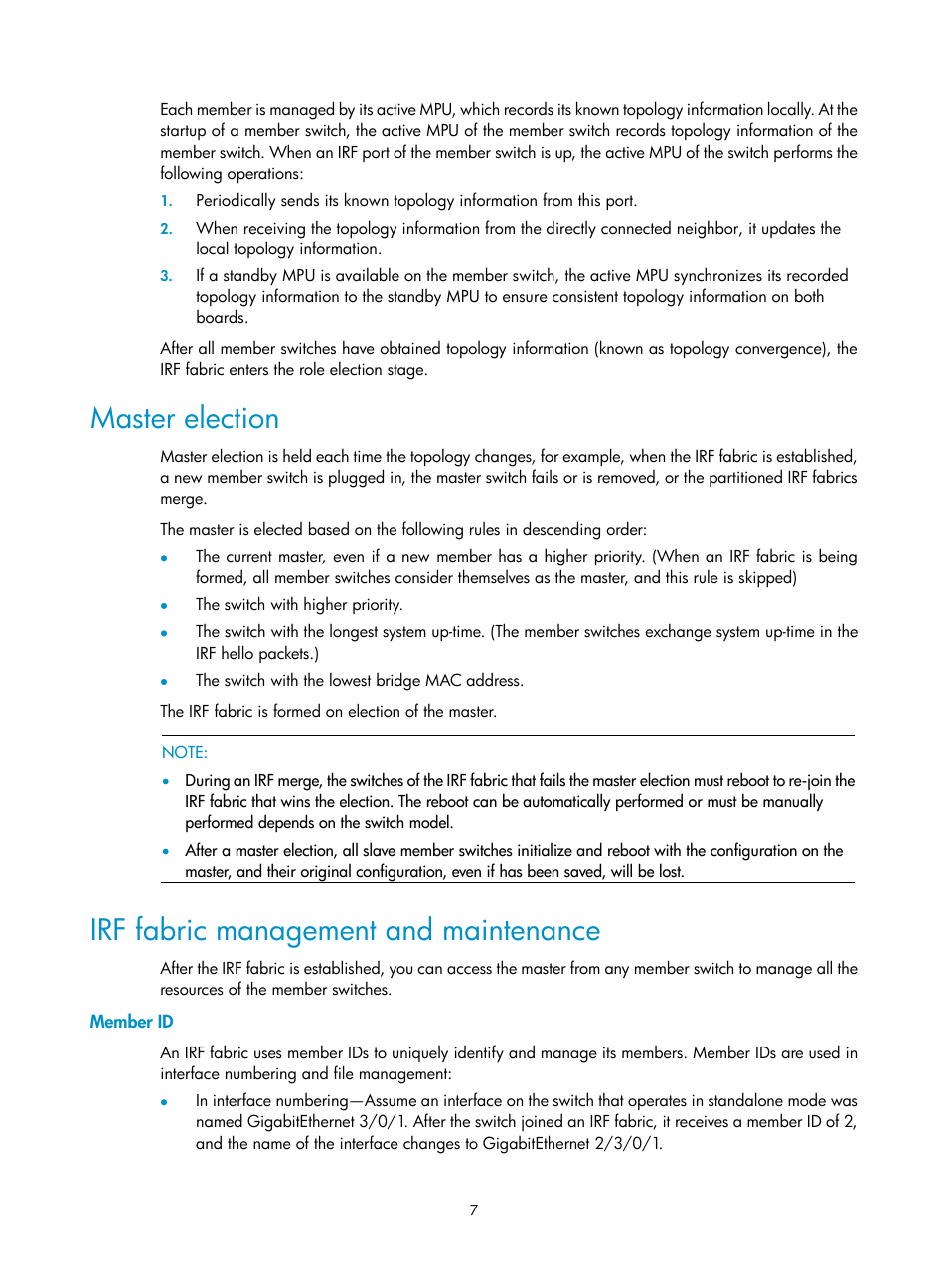Master election, Irf fabric management and maintenance, Member id | H3C Technologies H3C S10500 Series Switches User Manual | Page 13 / 58