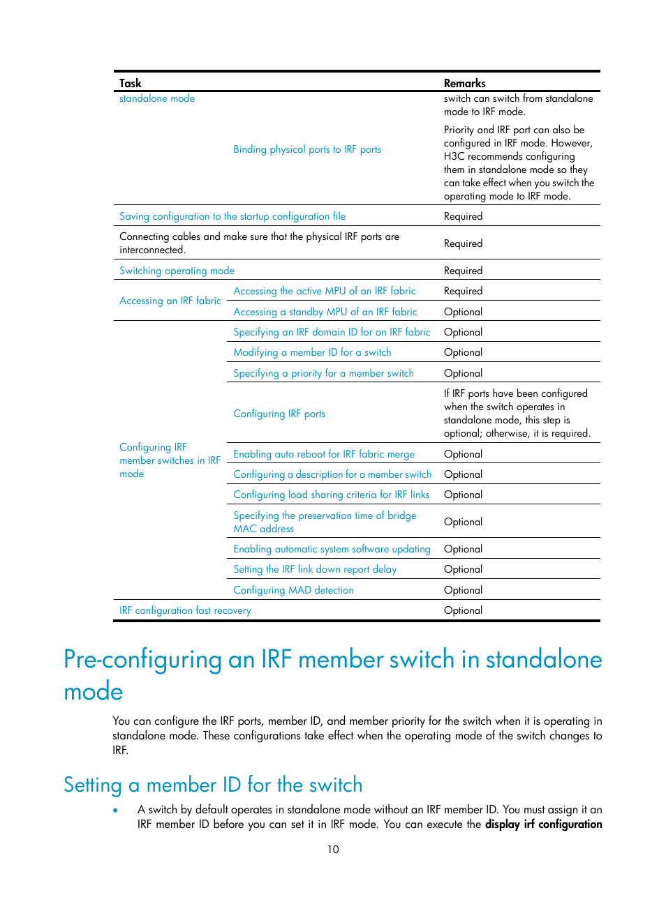 Setting a member id for the switch, Pre-configuring an irf member switch in | H3C Technologies H3C S10500 Series Switches User Manual | Page 16 / 58