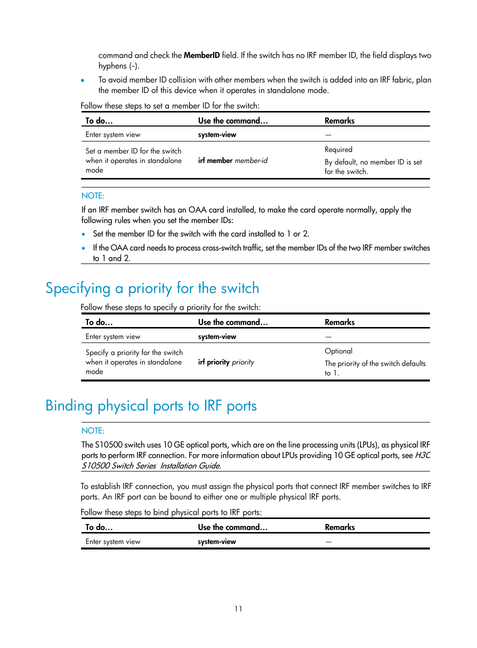 Specifying a priority for the switch, Binding physical ports to irf ports | H3C Technologies H3C S10500 Series Switches User Manual | Page 17 / 58
