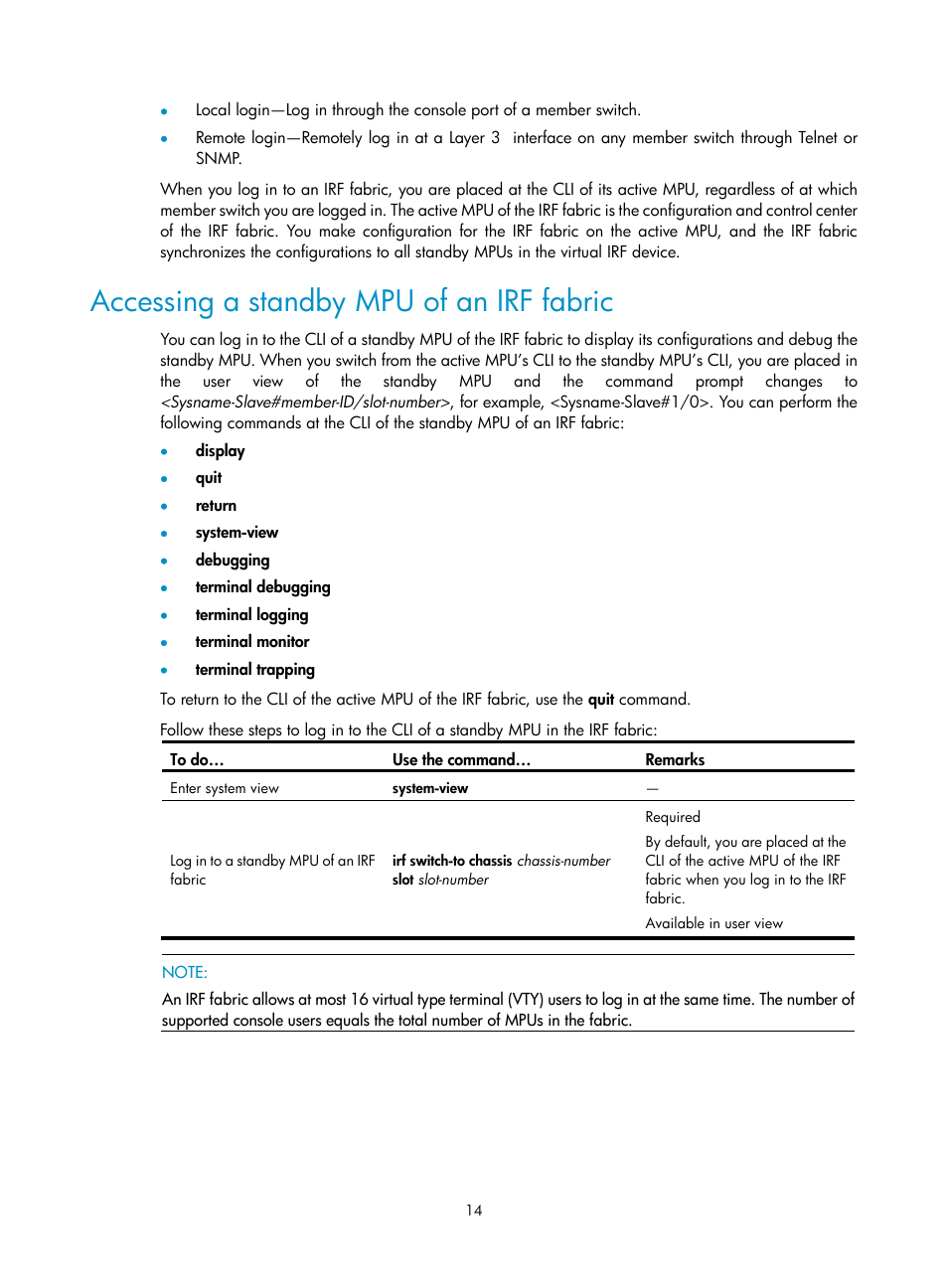 Accessing a standby mpu of an irf fabric | H3C Technologies H3C S10500 Series Switches User Manual | Page 20 / 58