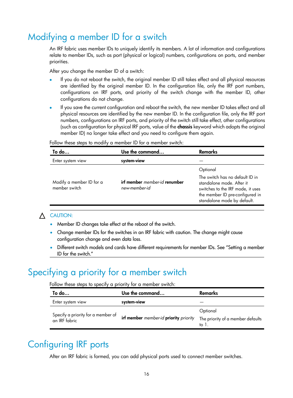 Modifying a member id for a switch, Specifying a priority for a member switch, Configuring irf ports | H3C Technologies H3C S10500 Series Switches User Manual | Page 22 / 58