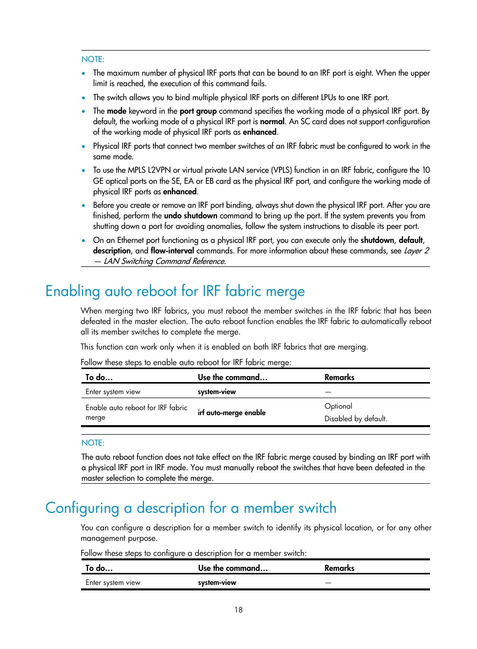 Enabling auto reboot for irf fabric merge, Configuring a description for a member switch | H3C Technologies H3C S10500 Series Switches User Manual | Page 24 / 58