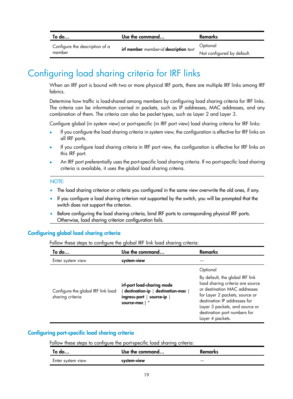 Configuring load sharing criteria for irf links, Configuring global load sharing criteria, Configuring port-specific load sharing criteria | H3C Technologies H3C S10500 Series Switches User Manual | Page 25 / 58