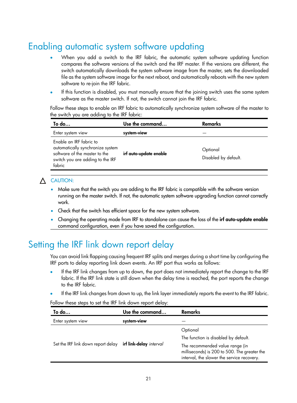 Enabling automatic system software updating, Setting the irf link down report delay | H3C Technologies H3C S10500 Series Switches User Manual | Page 27 / 58