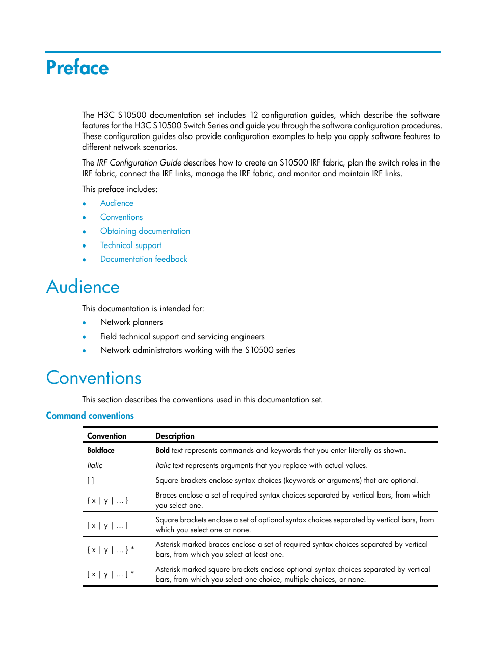 Preface, Audience, Conventions | Command conventions | H3C Technologies H3C S10500 Series Switches User Manual | Page 3 / 58