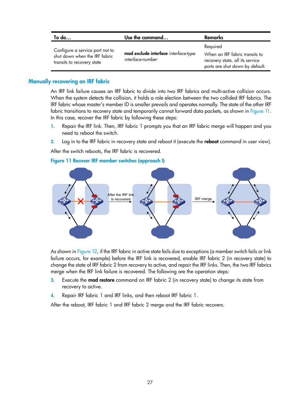 Manually recovering an irf fabric | H3C Technologies H3C S10500 Series Switches User Manual | Page 33 / 58