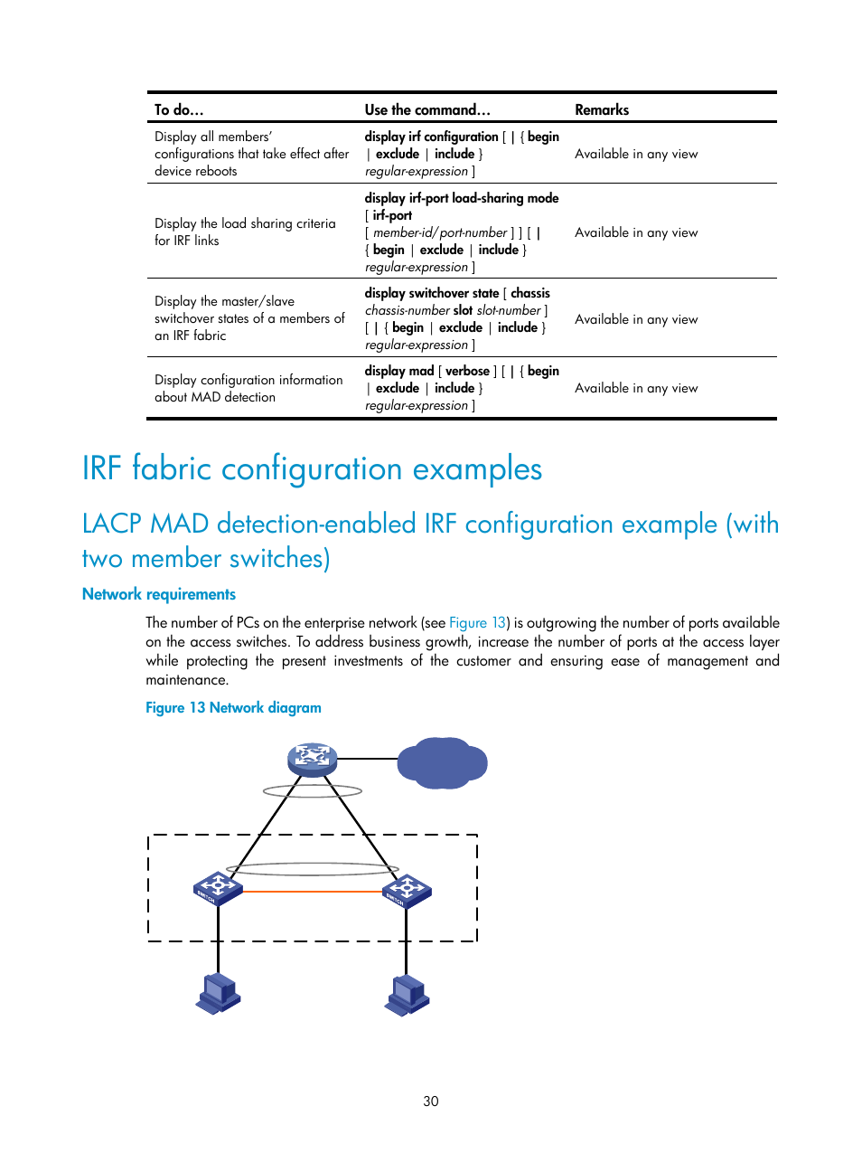 Irf fabric configuration examples, Network requirements | H3C Technologies H3C S10500 Series Switches User Manual | Page 36 / 58