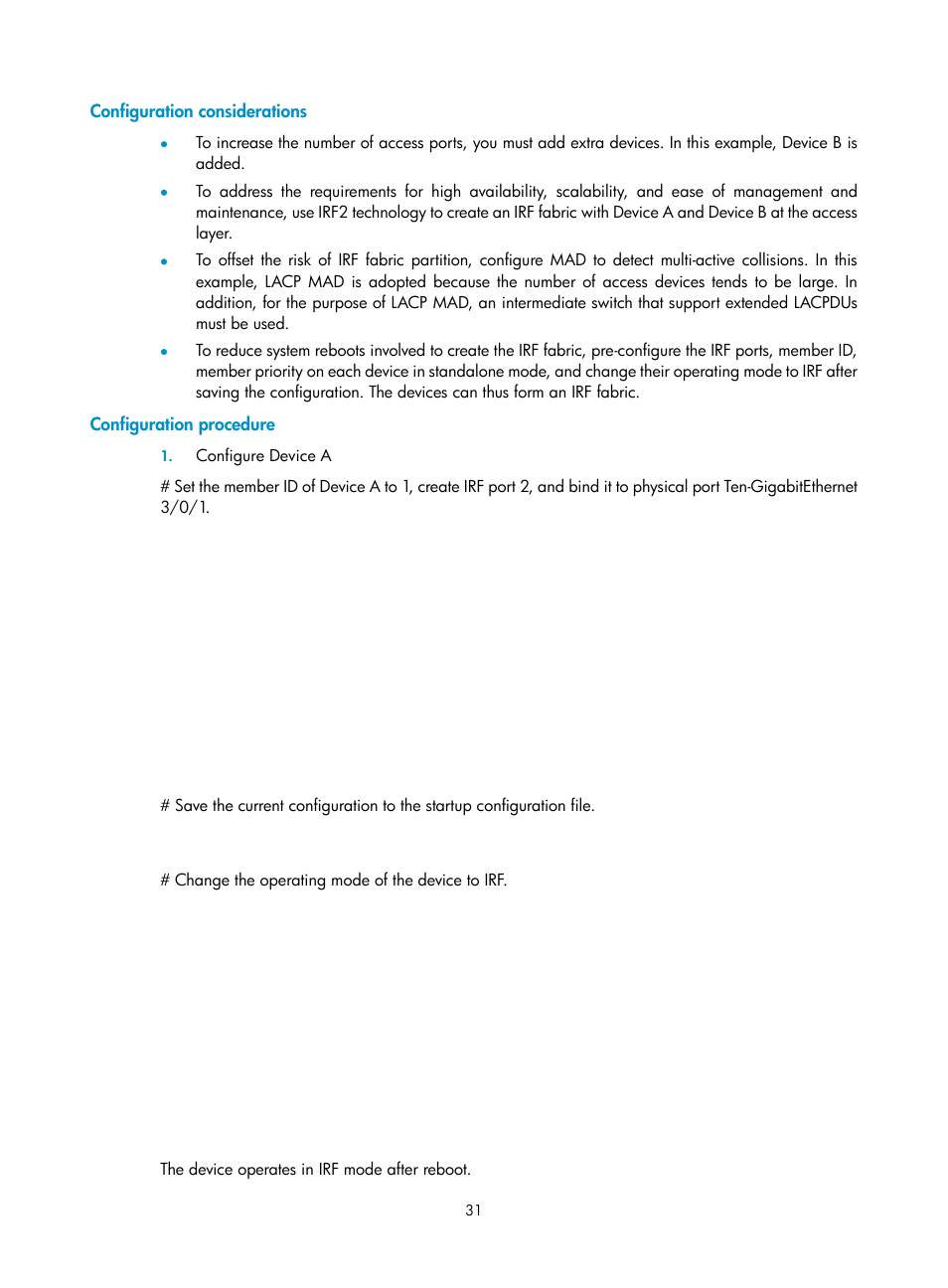 Configuration considerations, Configuration procedure | H3C Technologies H3C S10500 Series Switches User Manual | Page 37 / 58