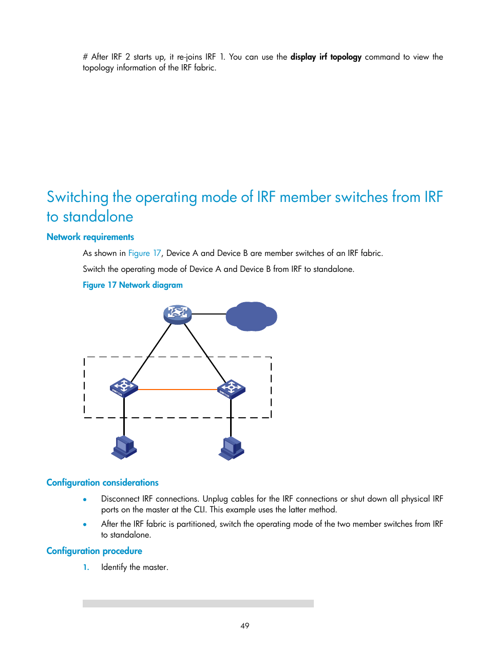 Network requirements, Configuration considerations, Configuration procedure | H3C Technologies H3C S10500 Series Switches User Manual | Page 55 / 58