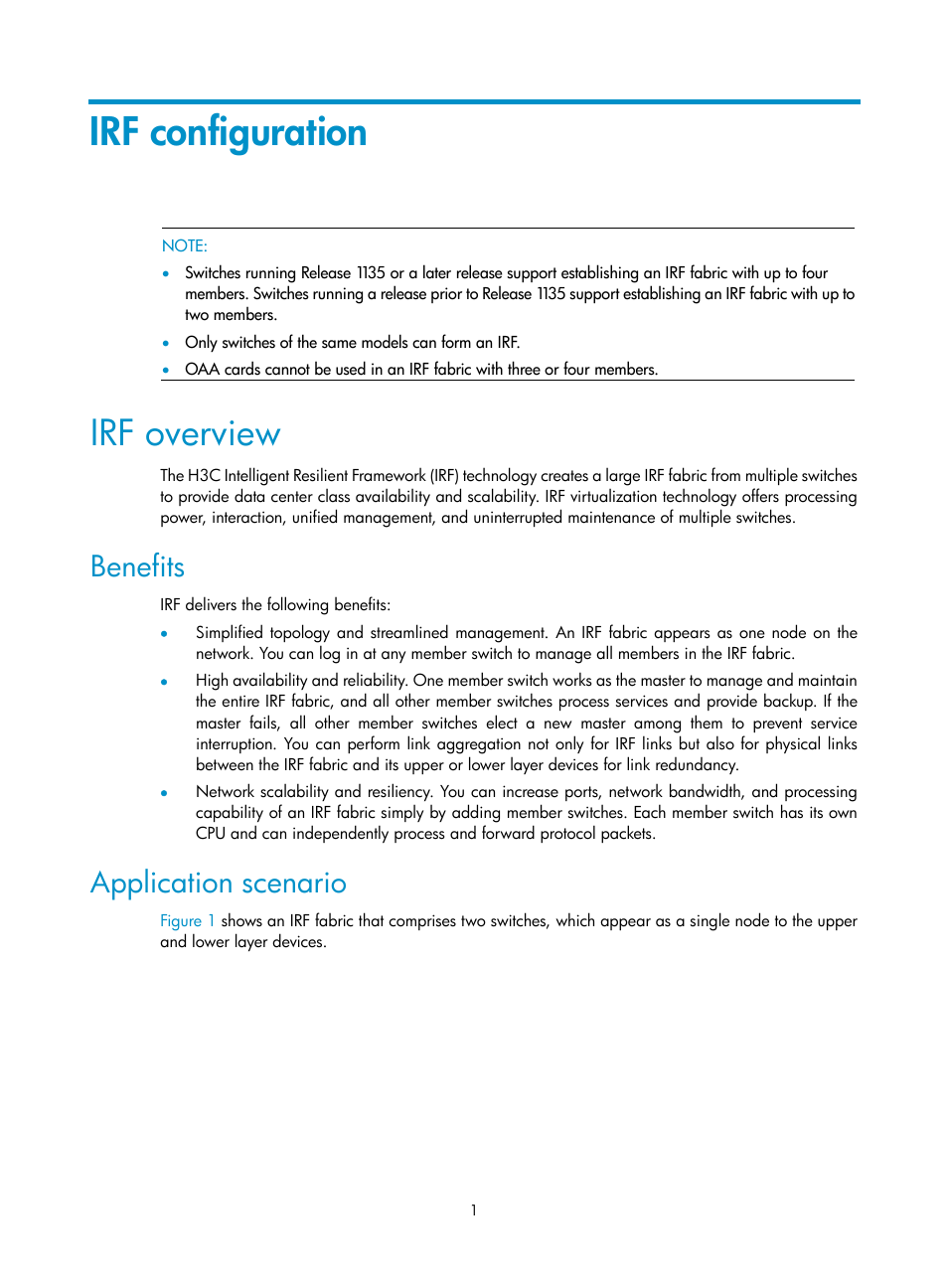Irf configuration, Irf overview, Benefits | Application scenario | H3C Technologies H3C S10500 Series Switches User Manual | Page 7 / 58