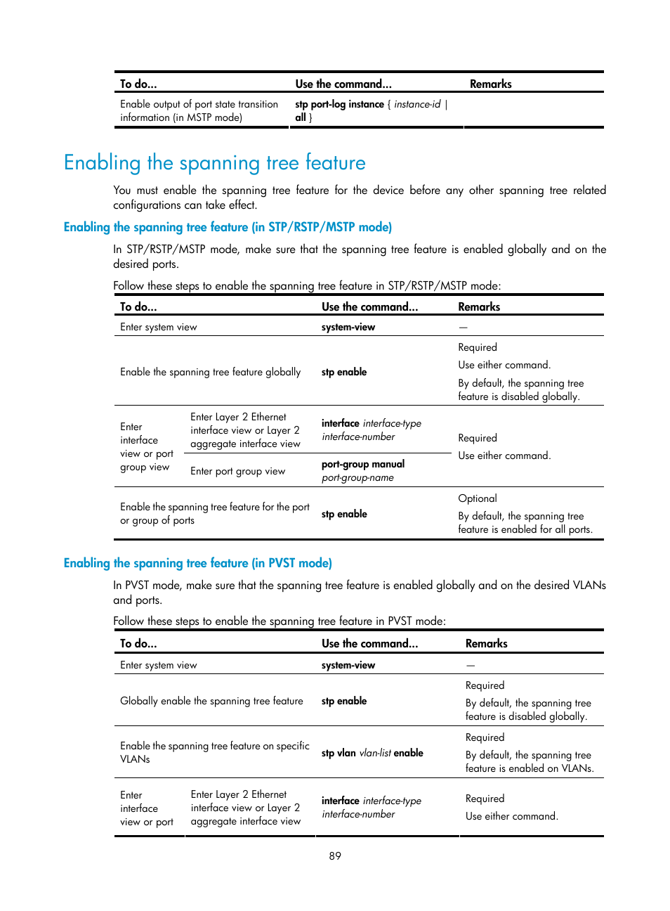 Enabling the spanning tree feature, Enabling the spanning tree feature (in pvst mode) | H3C Technologies H3C S10500 Series Switches User Manual | Page 100 / 251