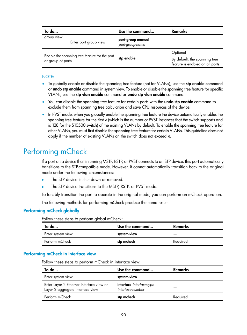 Performing mcheck, Performing mcheck globally, Performing mcheck in interface view | H3C Technologies H3C S10500 Series Switches User Manual | Page 101 / 251