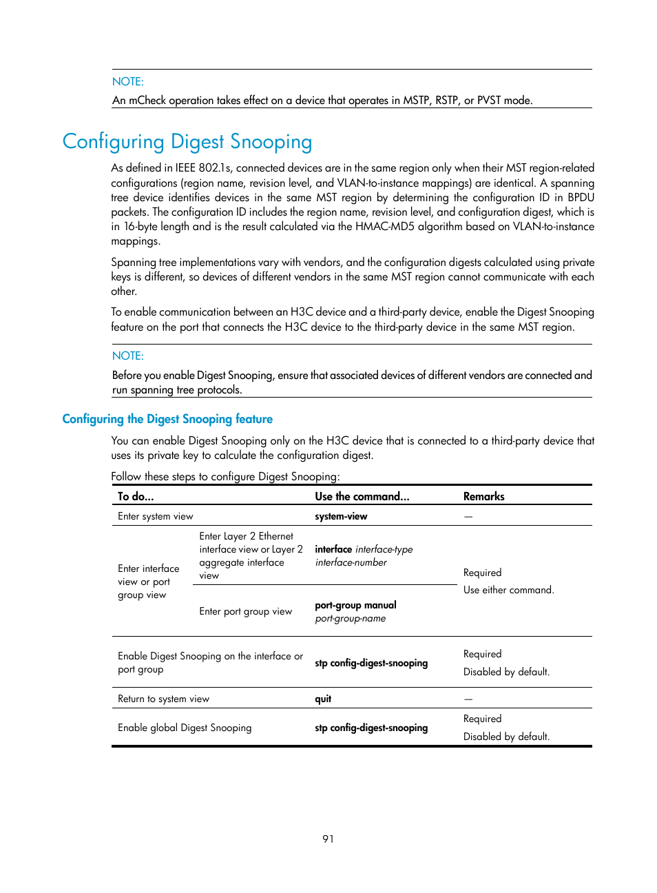 Configuring digest snooping, Configuring the digest snooping feature | H3C Technologies H3C S10500 Series Switches User Manual | Page 102 / 251