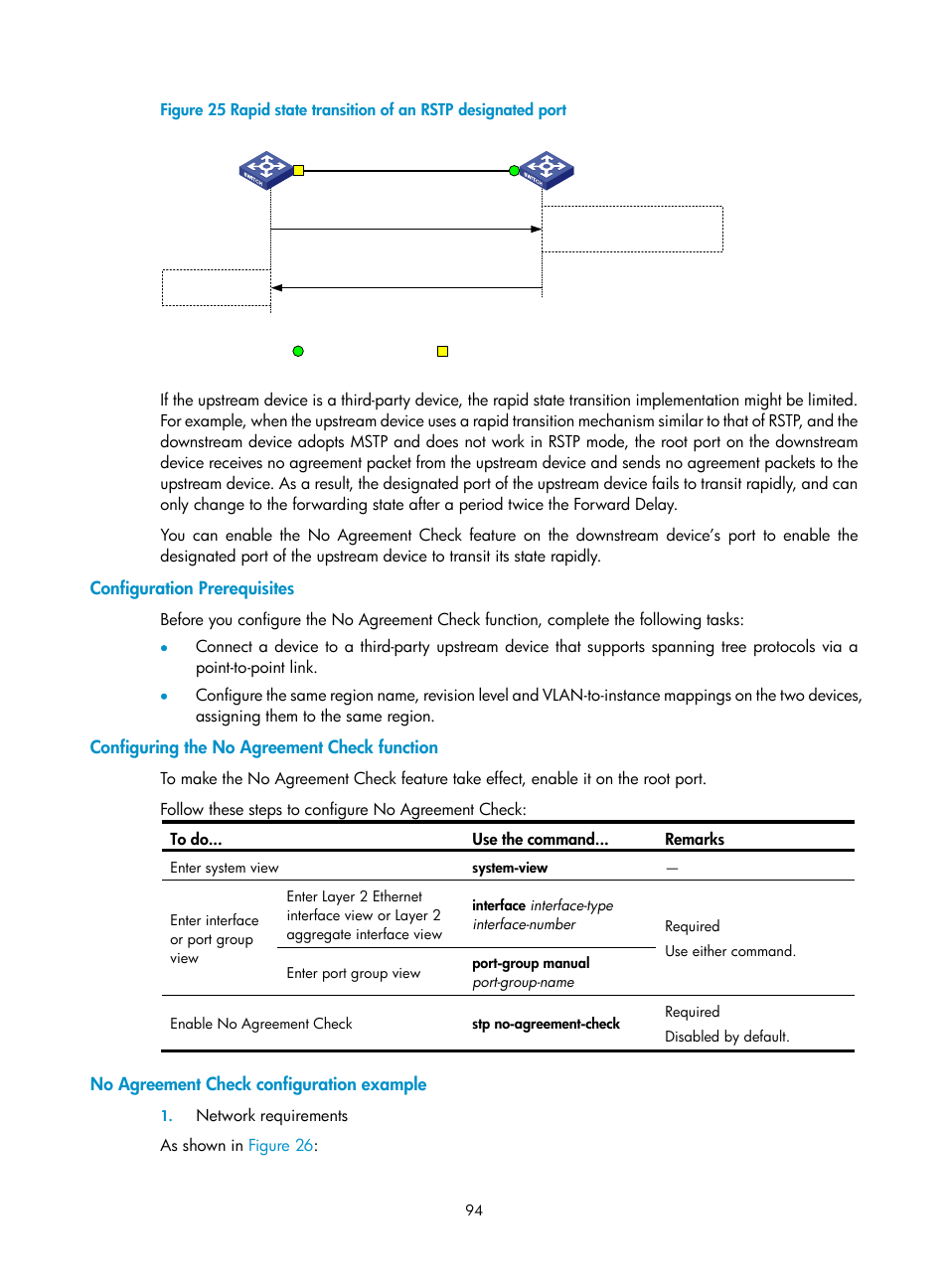 Configuration prerequisites, Configuring the no agreement check function, No agreement check configuration example | H3C Technologies H3C S10500 Series Switches User Manual | Page 105 / 251