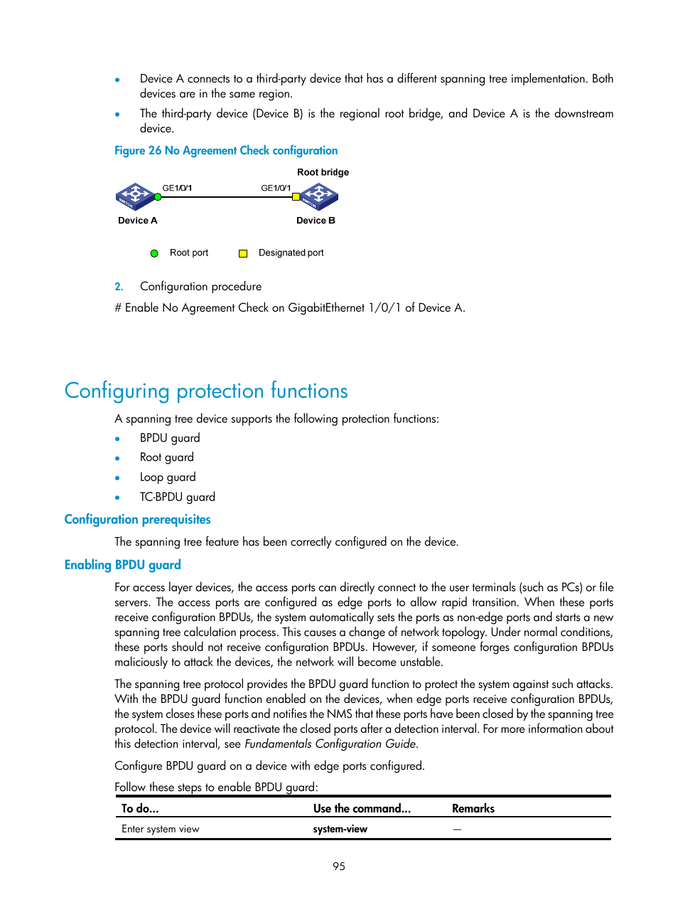 Configuring protection functions, Configuration prerequisites, Enabling bpdu guard | H3C Technologies H3C S10500 Series Switches User Manual | Page 106 / 251