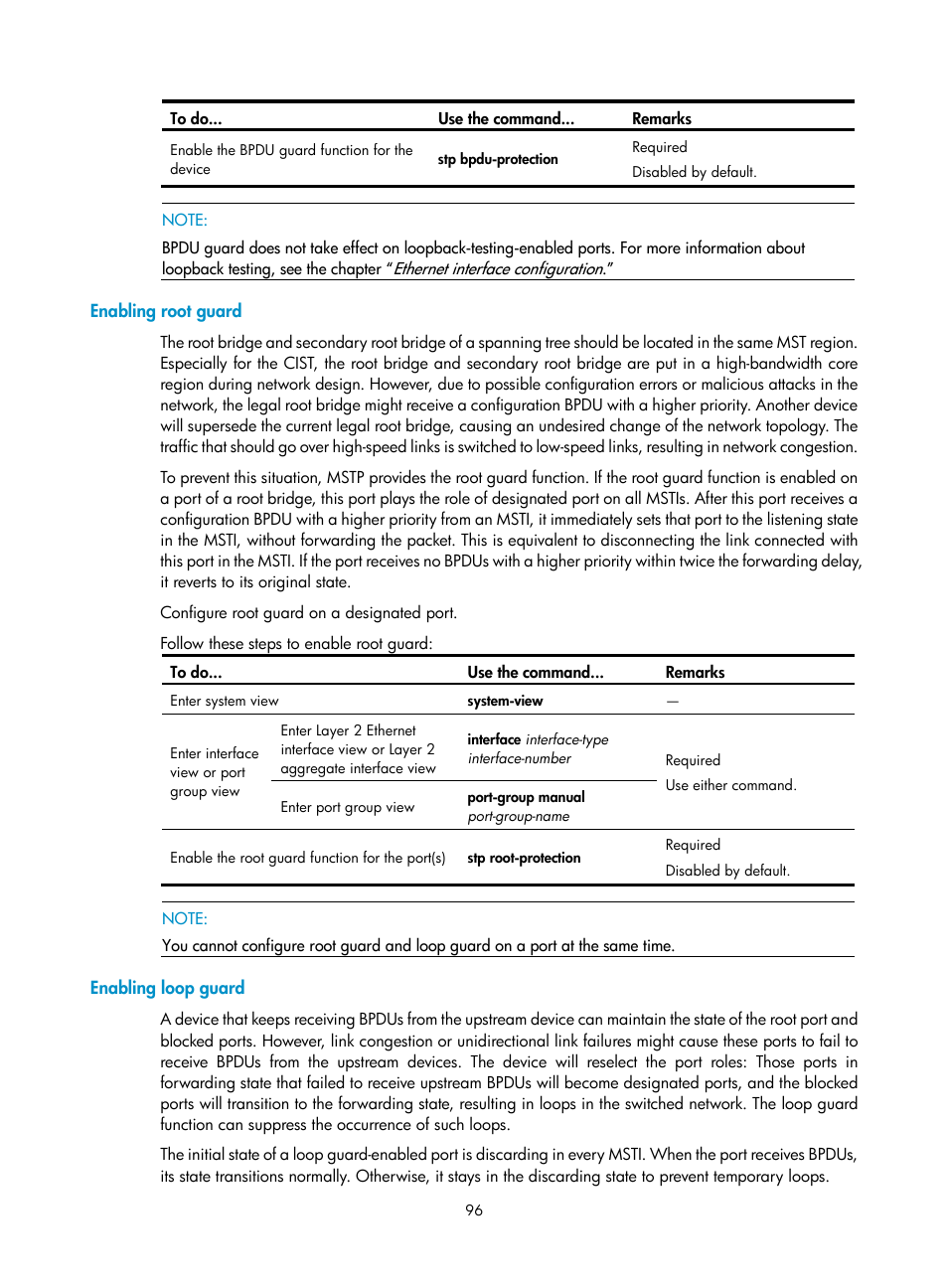 Enabling root guard, Enabling loop guard | H3C Technologies H3C S10500 Series Switches User Manual | Page 107 / 251