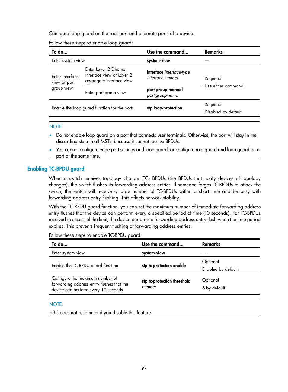 Enabling tc-bpdu guard | H3C Technologies H3C S10500 Series Switches User Manual | Page 108 / 251
