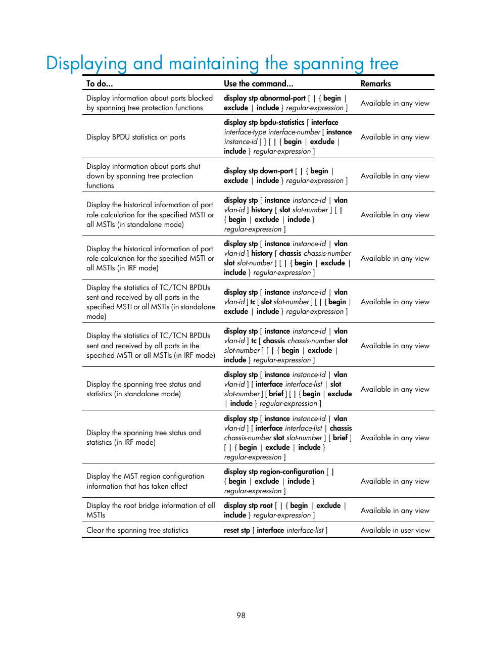 Displaying and maintaining the spanning tree | H3C Technologies H3C S10500 Series Switches User Manual | Page 109 / 251