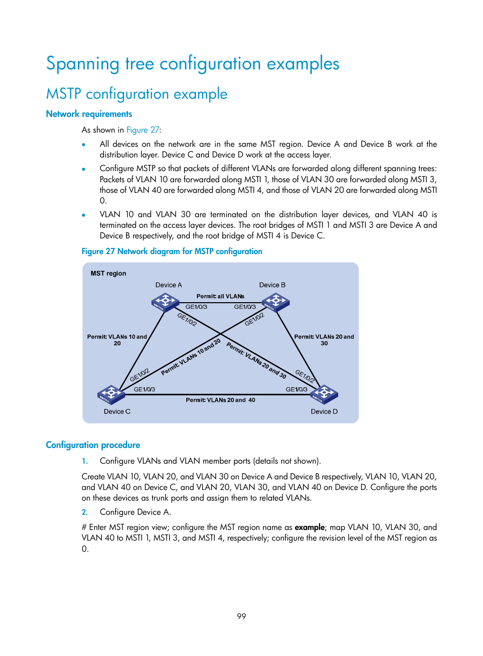 Spanning tree configuration examples, Mstp configuration example, Network requirements | Configuration procedure | H3C Technologies H3C S10500 Series Switches User Manual | Page 110 / 251