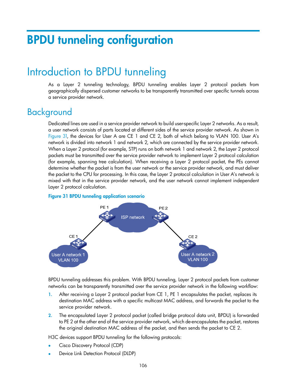 Bpdu tunneling configuration, Introduction to bpdu tunneling, Background | H3C Technologies H3C S10500 Series Switches User Manual | Page 117 / 251