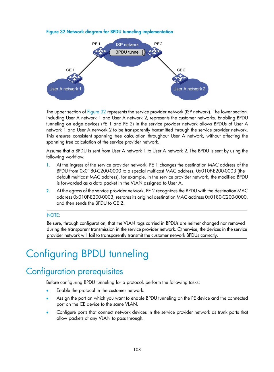 Configuring bpdu tunneling, Configuration prerequisites | H3C Technologies H3C S10500 Series Switches User Manual | Page 119 / 251