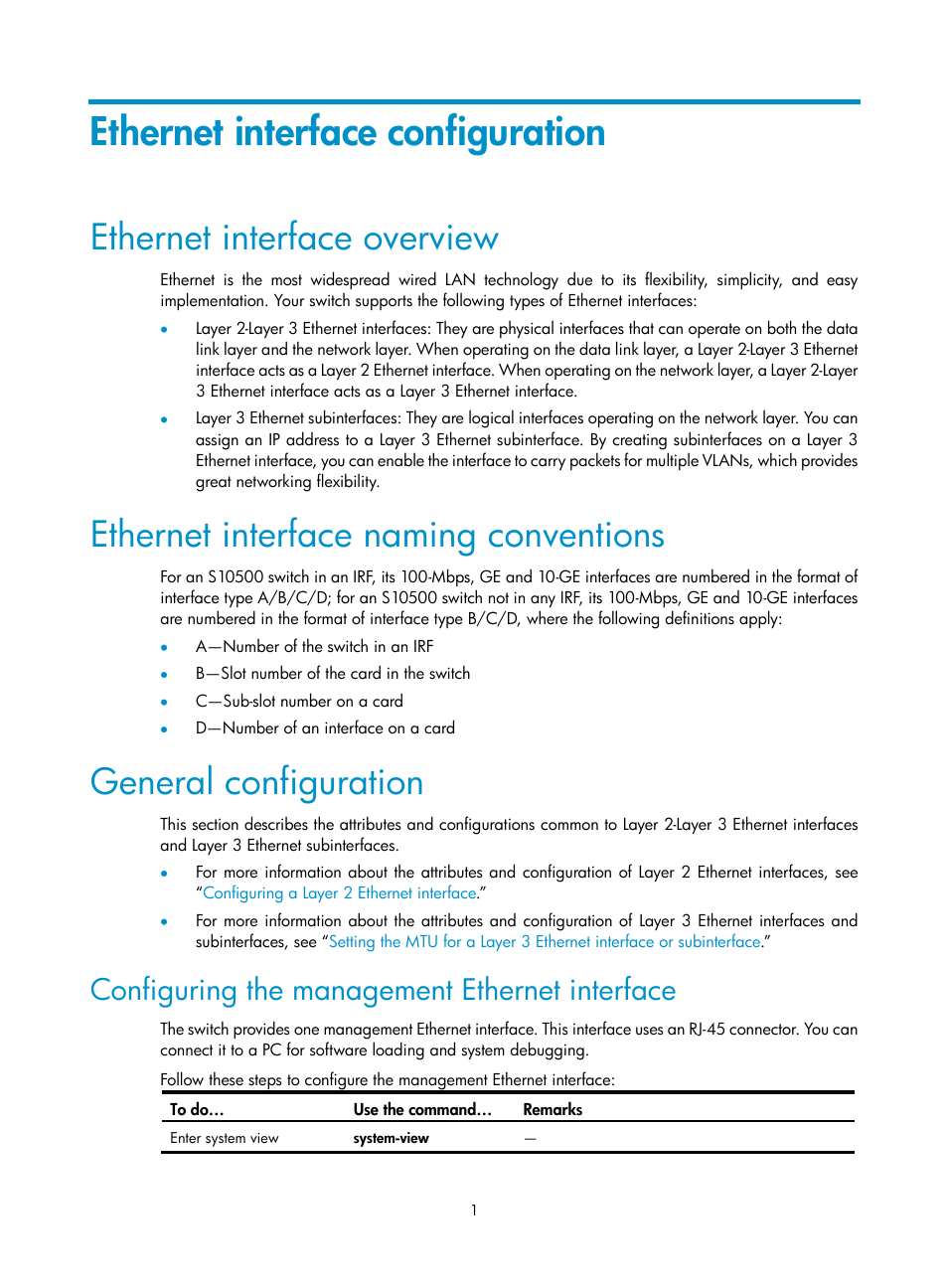 Ethernet interface configuration, Ethernet interface overview, Ethernet interface naming conventions | General configuration, Configuring the management ethernet interface | H3C Technologies H3C S10500 Series Switches User Manual | Page 12 / 251