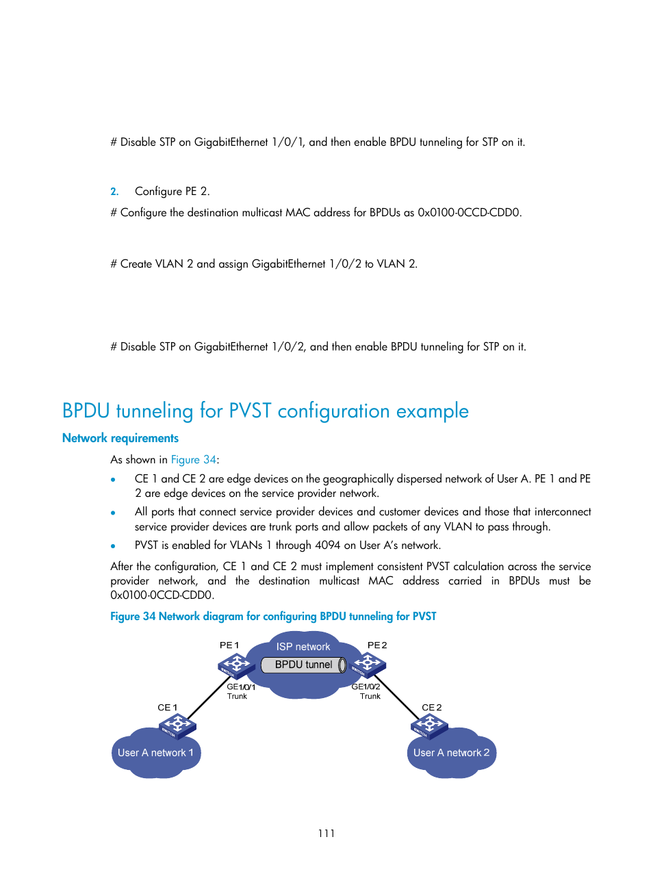 Bpdu tunneling for pvst configuration example, Network requirements | H3C Technologies H3C S10500 Series Switches User Manual | Page 122 / 251