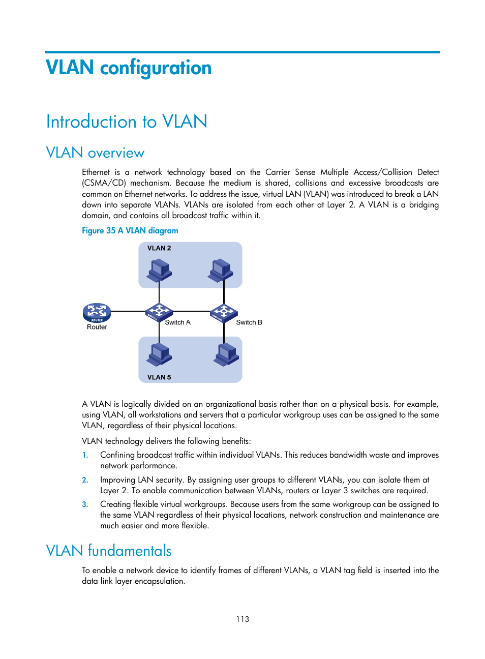 Vlan configuration, Introduction to vlan, Vlan overview | Vlan fundamentals | H3C Technologies H3C S10500 Series Switches User Manual | Page 124 / 251