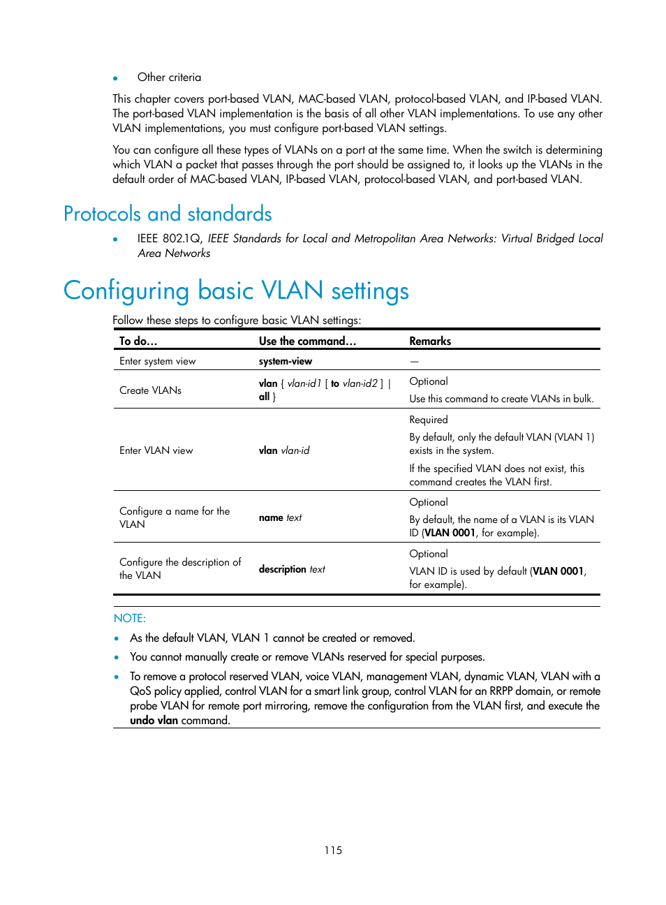 Protocols and standards, Configuring basic vlan settings | H3C Technologies H3C S10500 Series Switches User Manual | Page 126 / 251