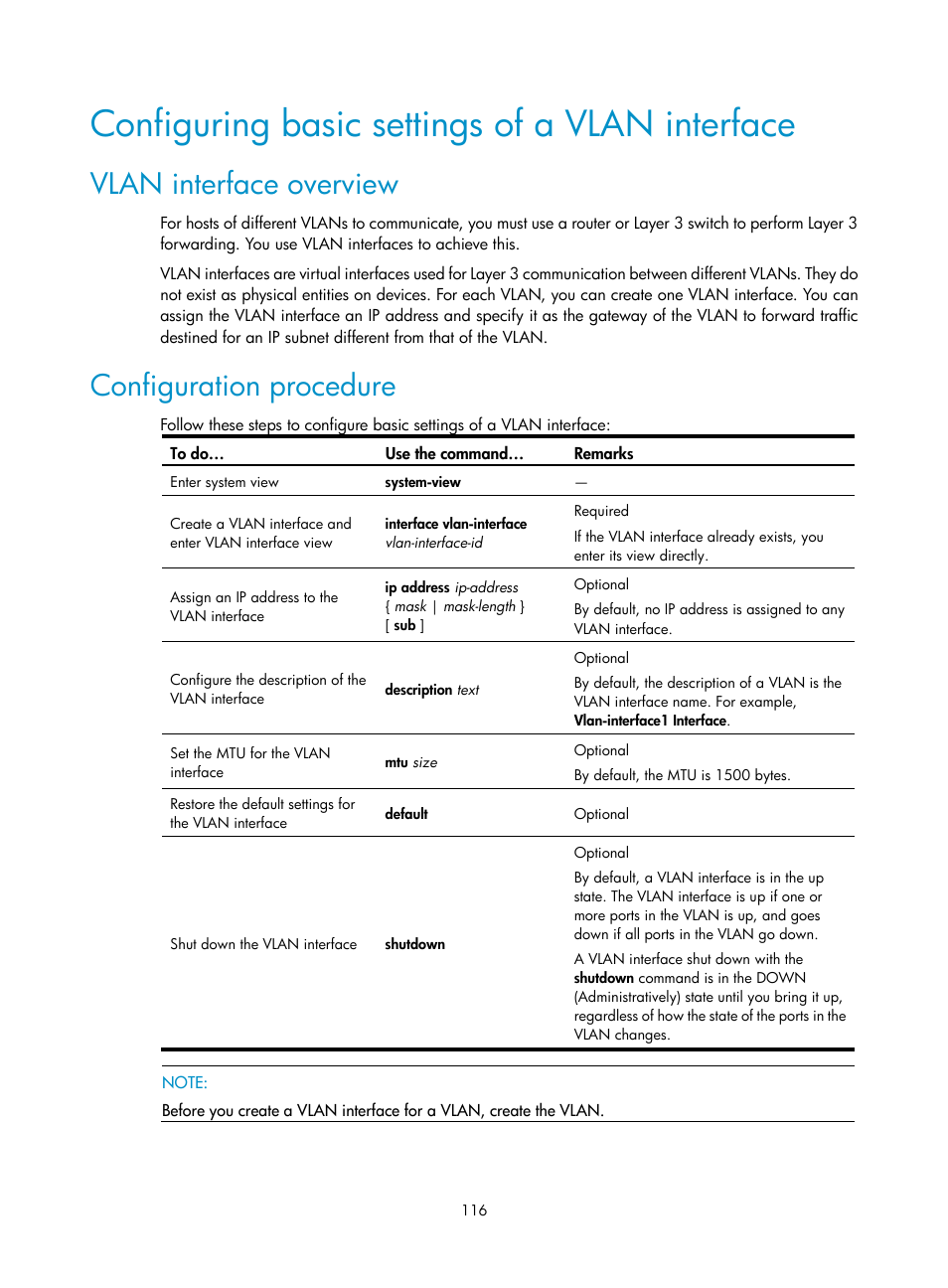Configuring basic settings of a vlan interface, Vlan interface overview, Configuration procedure | H3C Technologies H3C S10500 Series Switches User Manual | Page 127 / 251