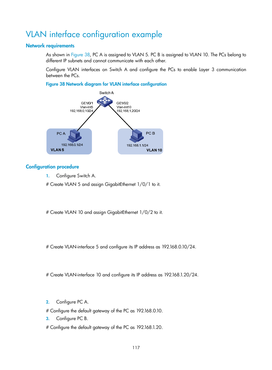 Vlan interface configuration example, Network requirements, Configuration procedure | H3C Technologies H3C S10500 Series Switches User Manual | Page 128 / 251