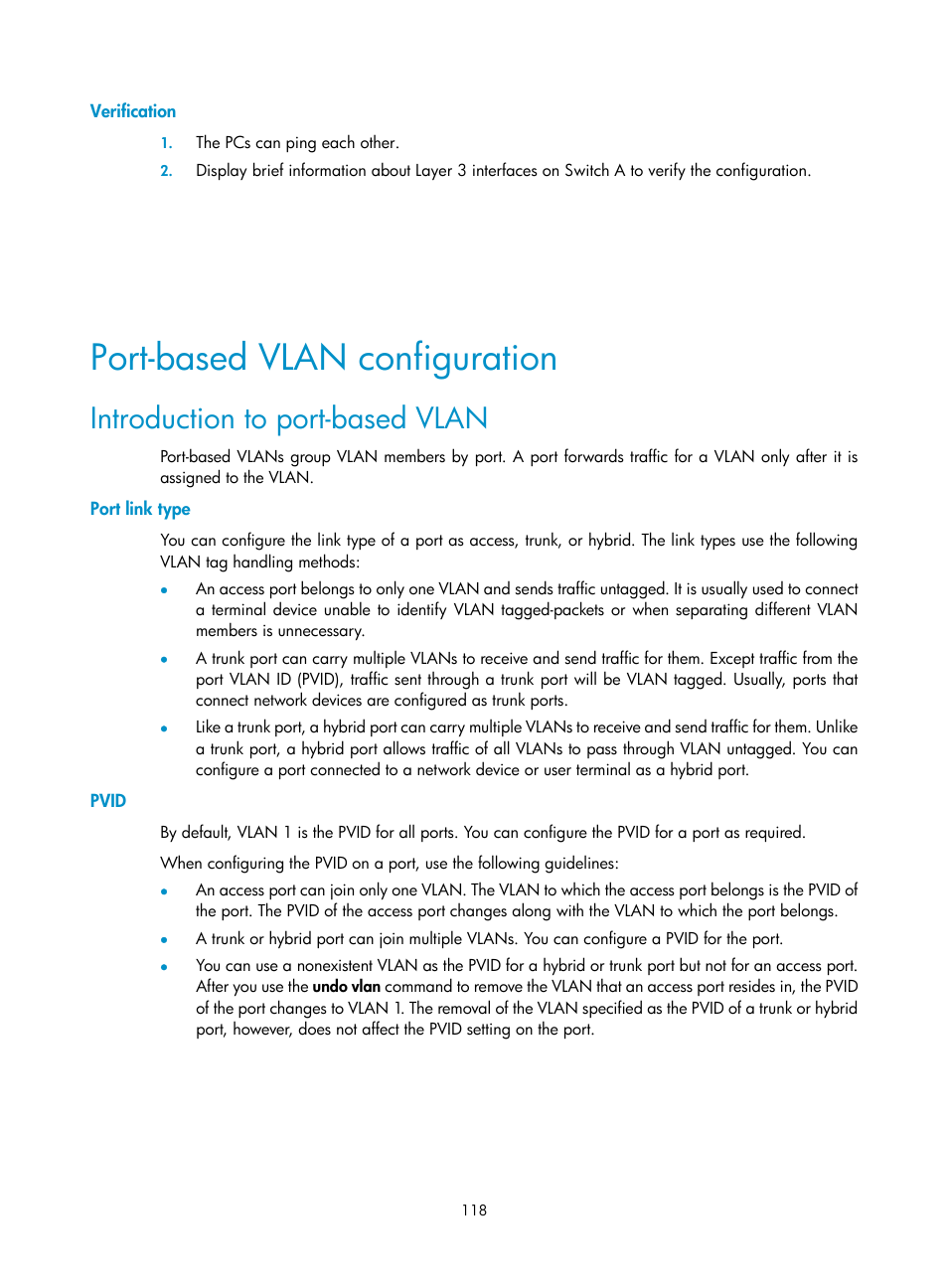 Verification, Port-based vlan configuration, Introduction to port-based vlan | Port link type, Pvid | H3C Technologies H3C S10500 Series Switches User Manual | Page 129 / 251