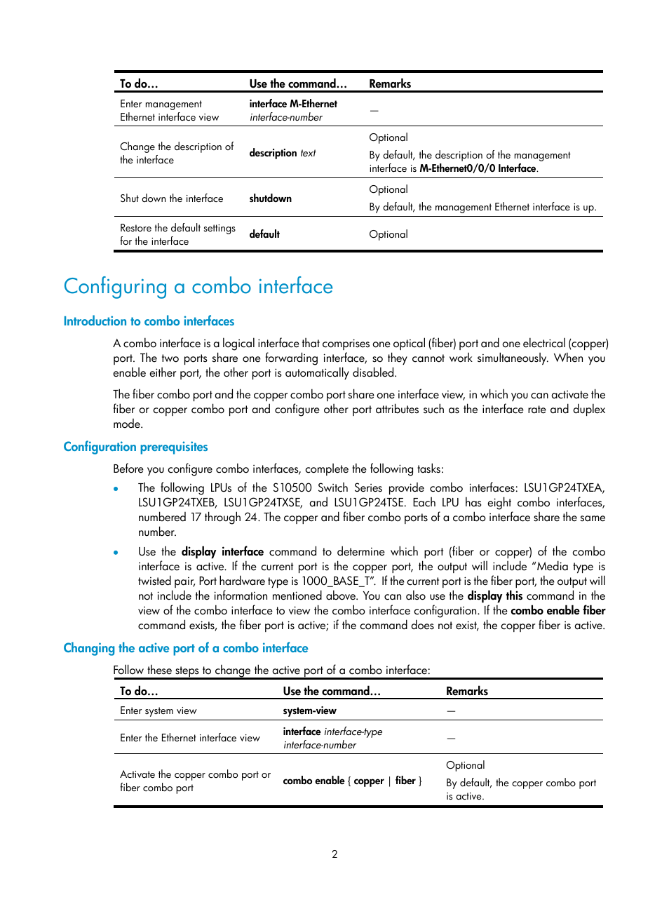 Configuring a combo interface, Introduction to combo interfaces, Configuration prerequisites | Changing the active port of a combo interface | H3C Technologies H3C S10500 Series Switches User Manual | Page 13 / 251
