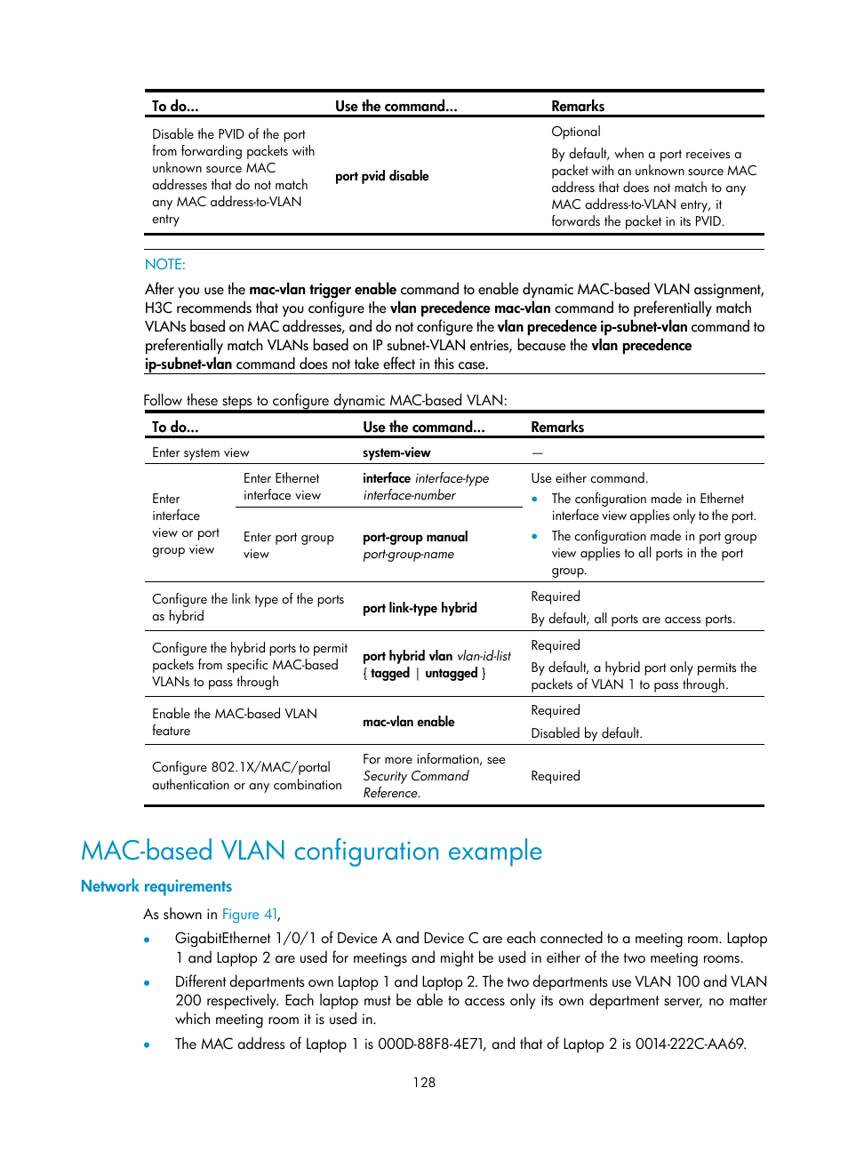 Mac-based vlan configuration example, Network requirements | H3C Technologies H3C S10500 Series Switches User Manual | Page 139 / 251