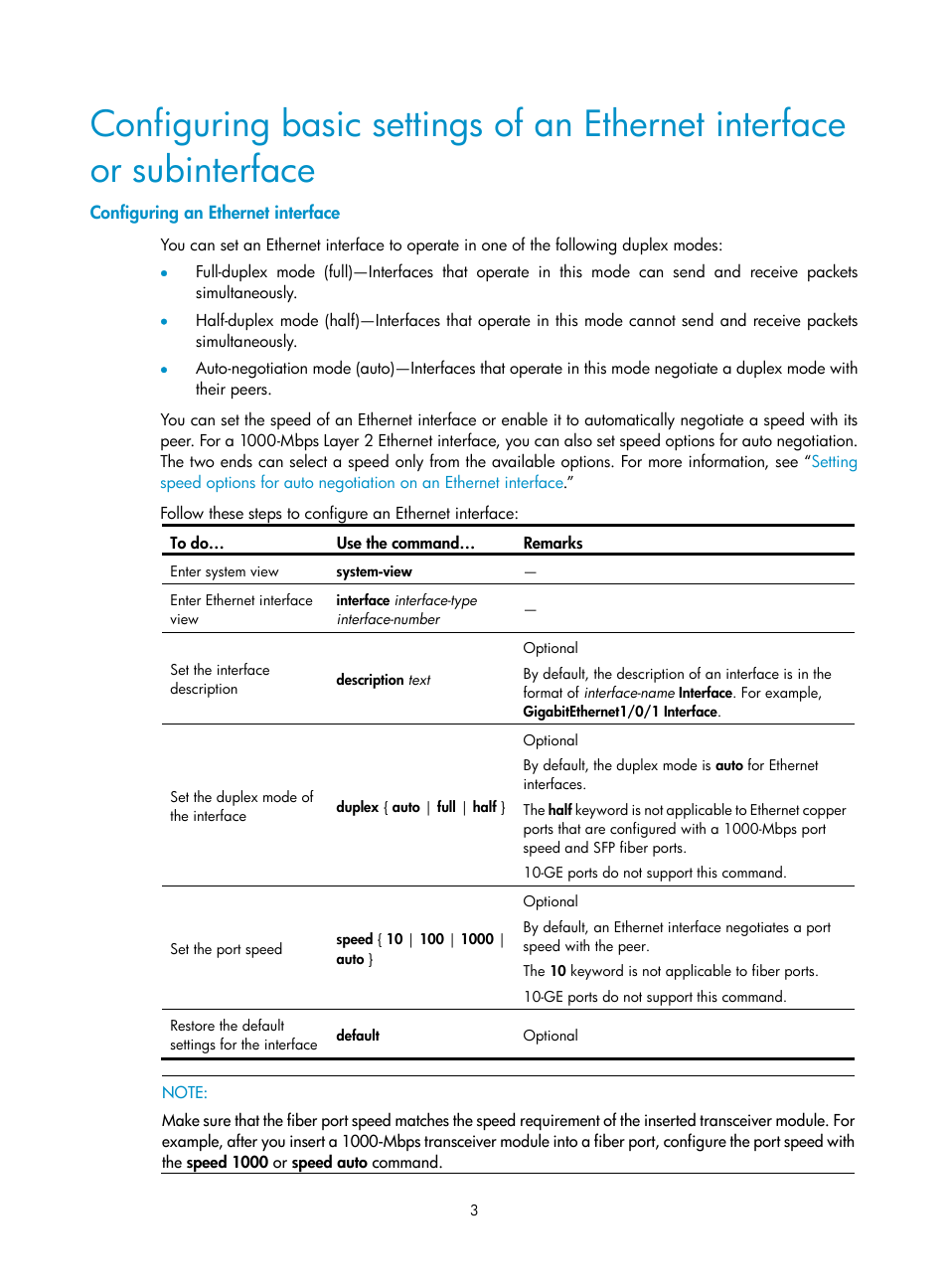 Configuring an ethernet interface | H3C Technologies H3C S10500 Series Switches User Manual | Page 14 / 251