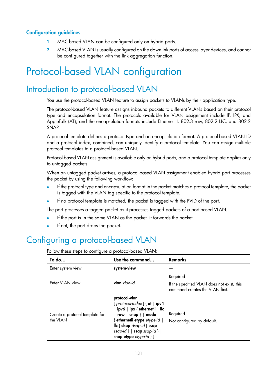 Configuration guidelines, Protocol-based vlan configuration, Introduction to protocol-based vlan | Configuring a protocol-based vlan | H3C Technologies H3C S10500 Series Switches User Manual | Page 142 / 251