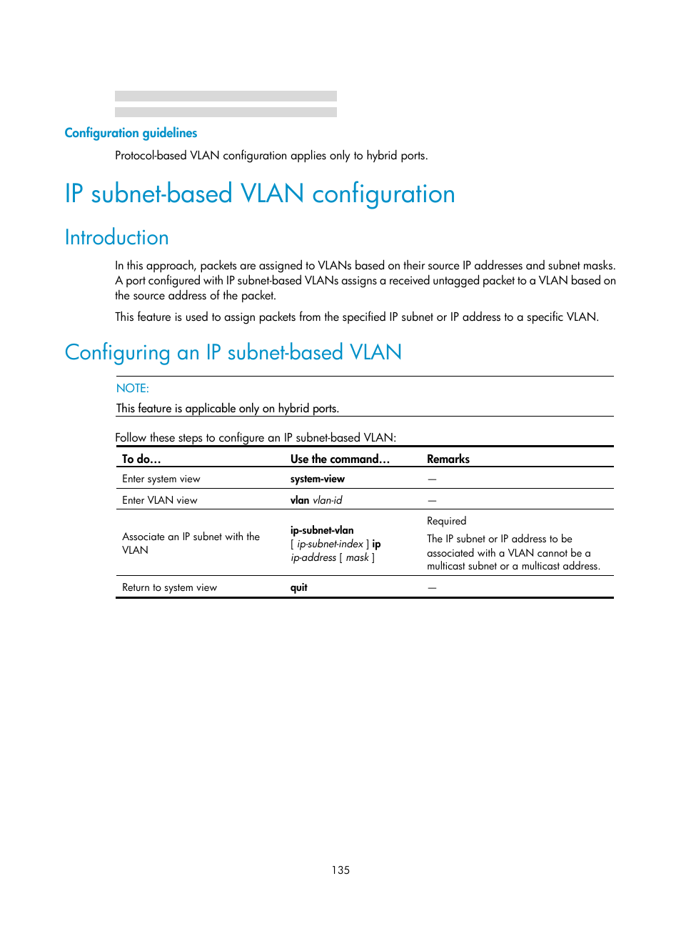 Configuration guidelines, Ip subnet-based vlan configuration, Introduction | Configuring an ip subnet-based vlan | H3C Technologies H3C S10500 Series Switches User Manual | Page 146 / 251