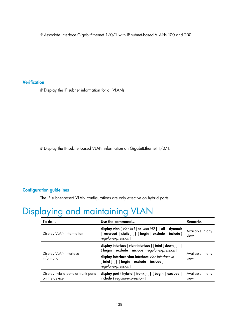 Verification, Configuration guidelines, Displaying and maintaining vlan | H3C Technologies H3C S10500 Series Switches User Manual | Page 149 / 251
