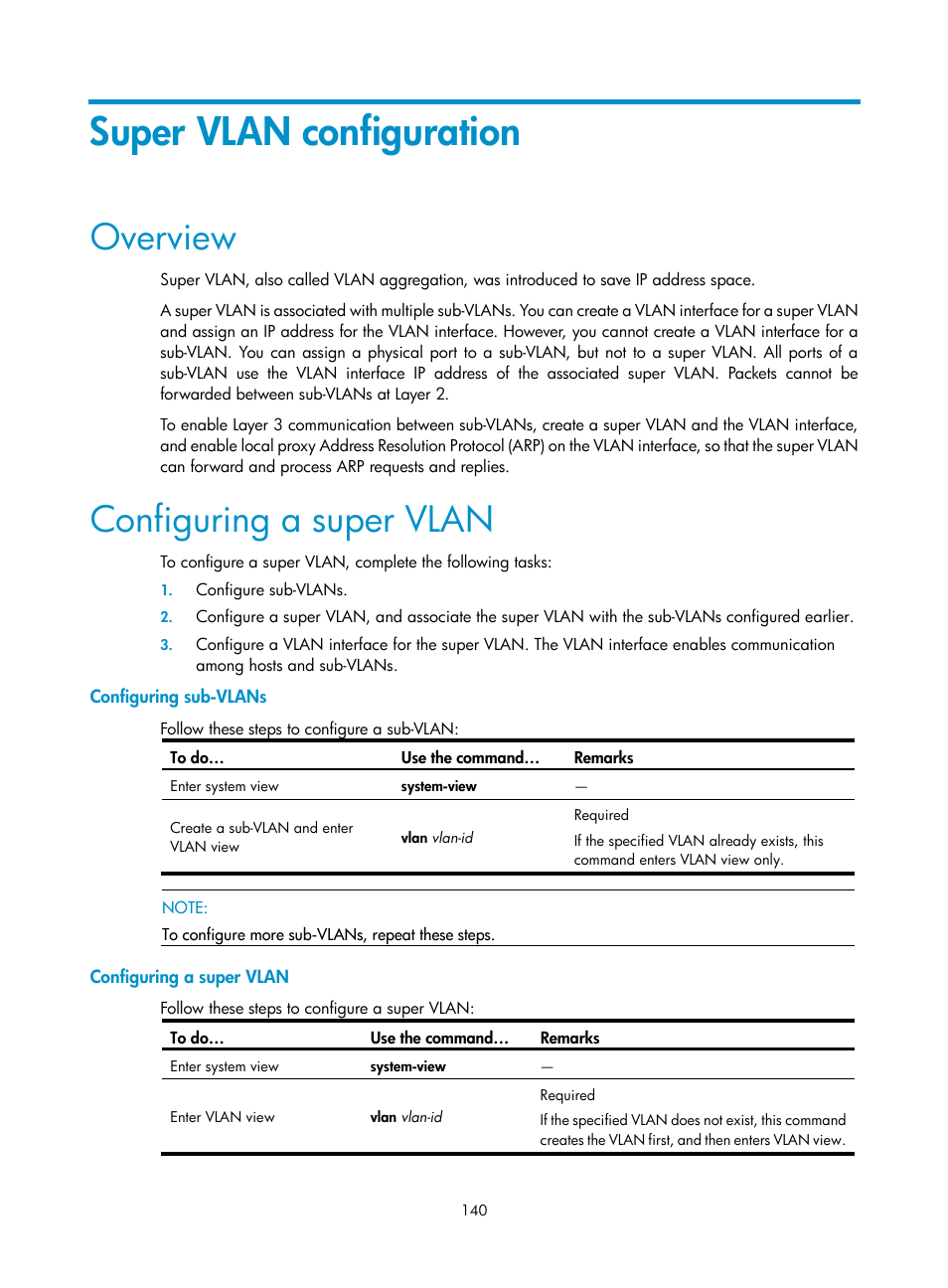 Super vlan configuration, Overview, Configuring a super vlan | Configuring sub-vlans | H3C Technologies H3C S10500 Series Switches User Manual | Page 151 / 251