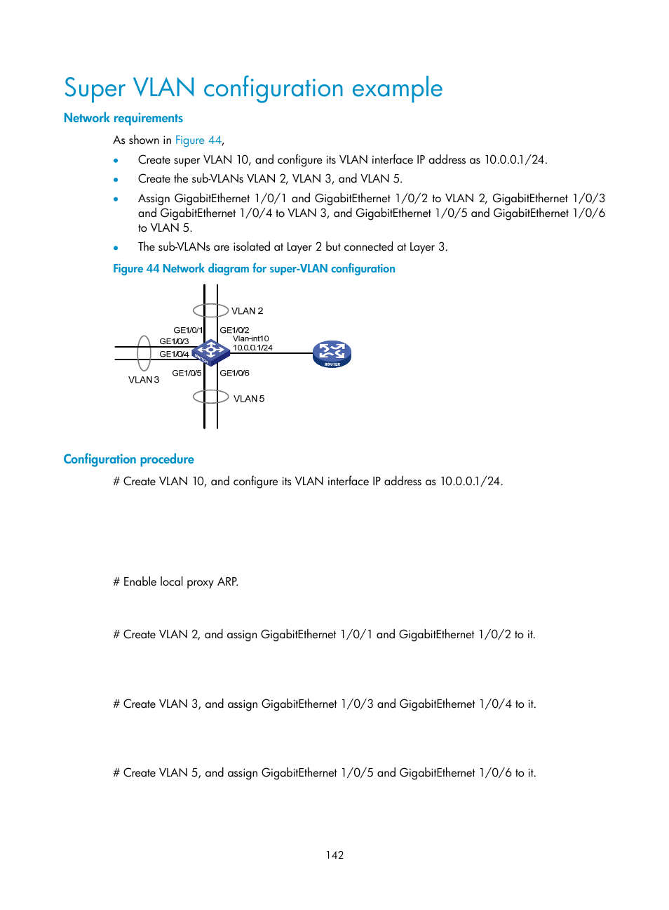 Super vlan configuration example, Network requirements, Configuration procedure | H3C Technologies H3C S10500 Series Switches User Manual | Page 153 / 251