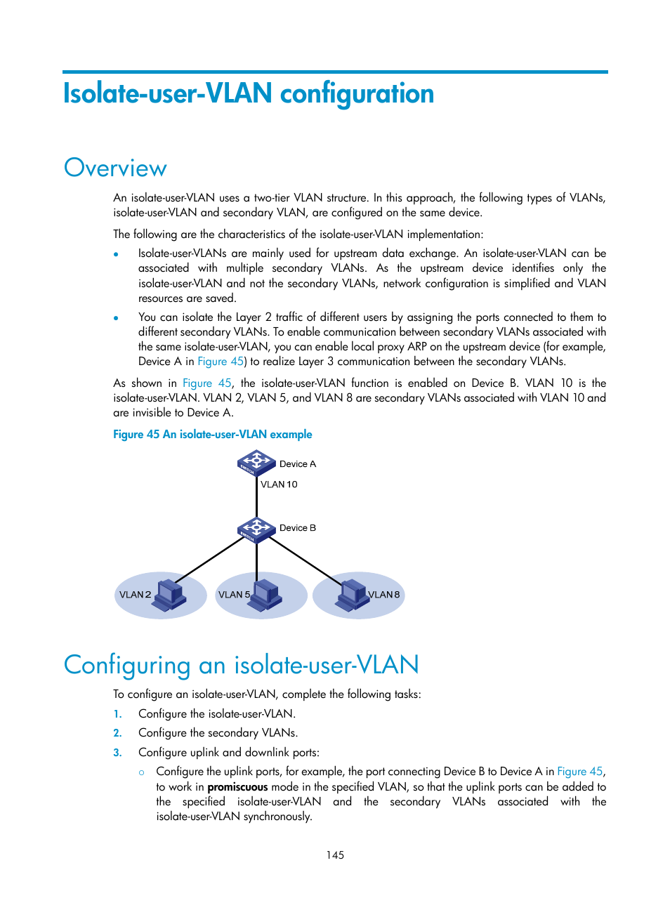 Isolate-user-vlan configuration, Overview, Configuring an isolate-user-vlan | H3C Technologies H3C S10500 Series Switches User Manual | Page 156 / 251