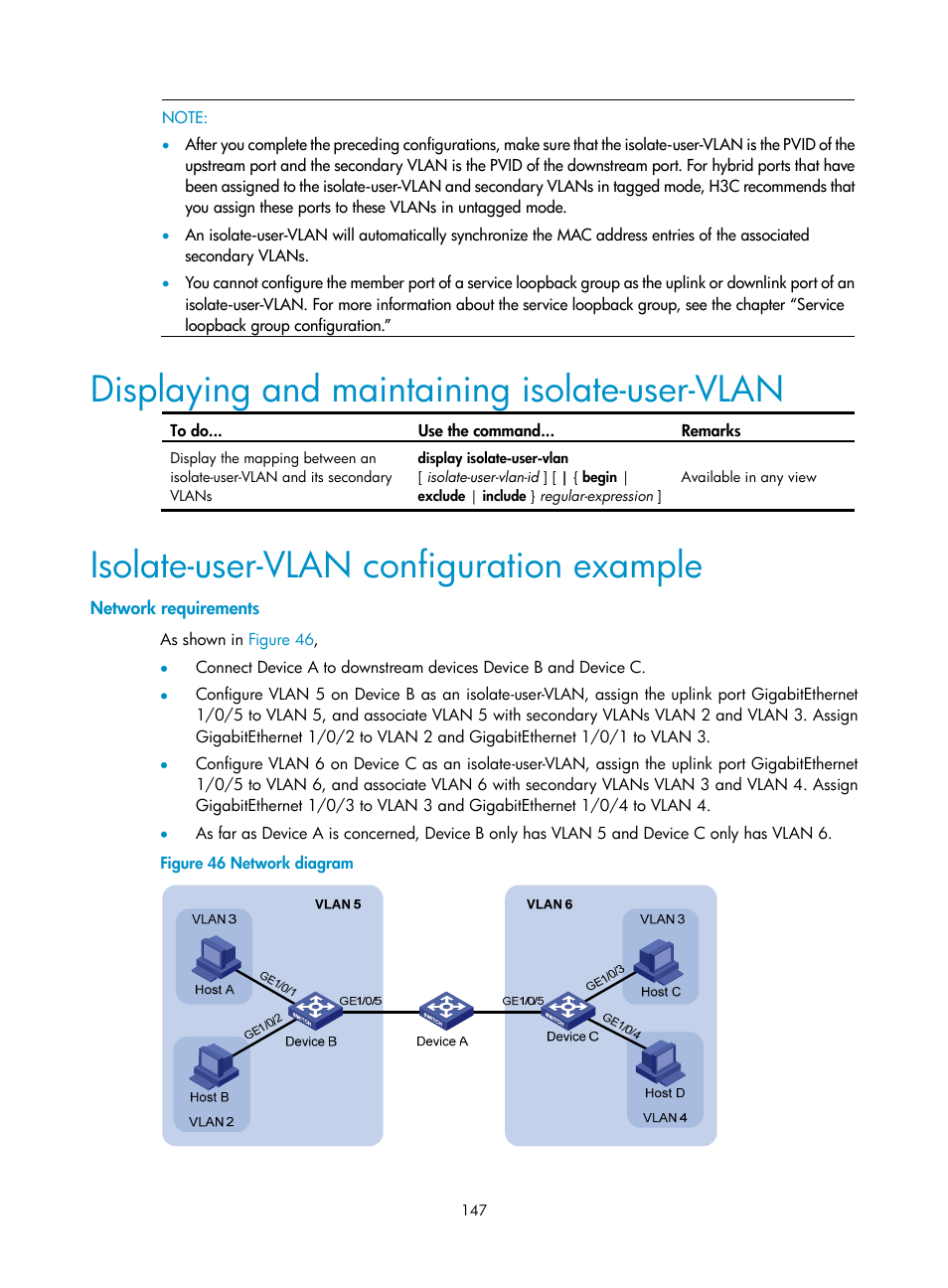 Displaying and maintaining isolate-user-vlan, Isolate-user-vlan configuration example, Network requirements | H3C Technologies H3C S10500 Series Switches User Manual | Page 158 / 251